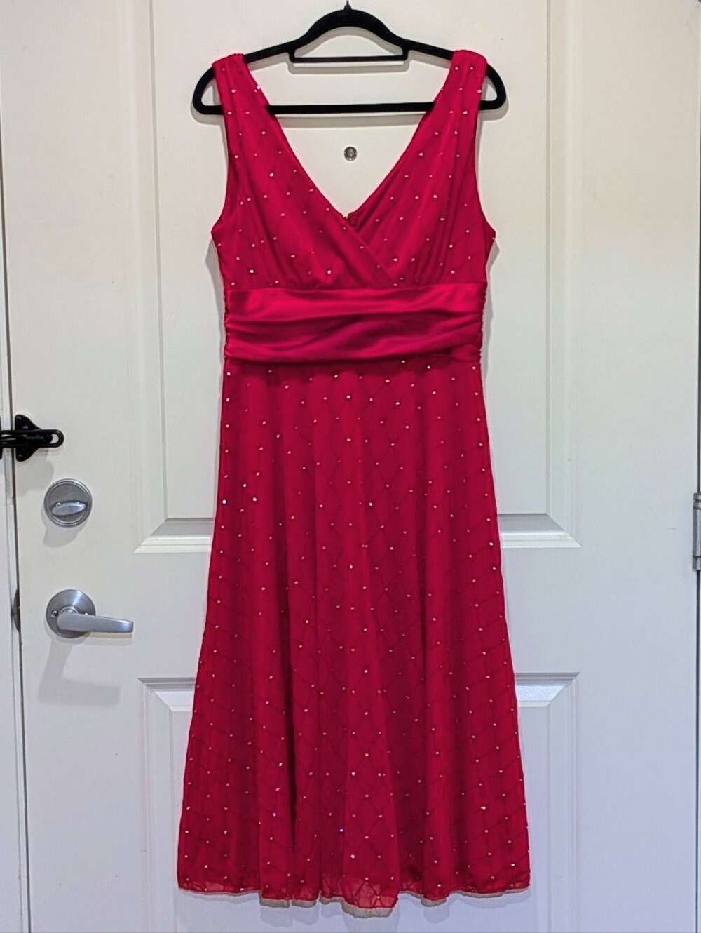 EUC Y2K Jessica 6 Bright Red Silver Glitter Silky Waist Swing Dress